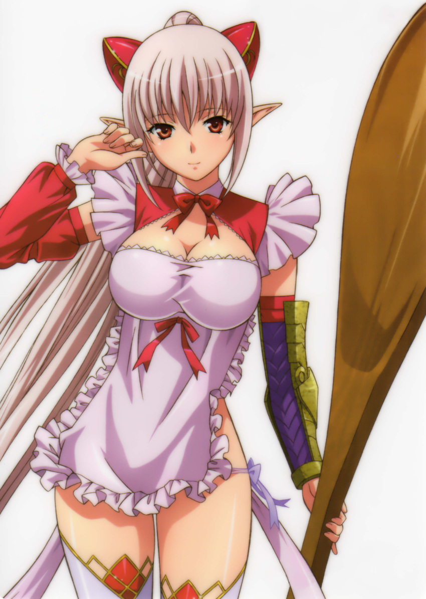 1girl aldra_(queen's_blade) breasts brown_eyes cleavage female large_breasts long_hair looking_at_viewer pointy_ears queen's_blade queen's_blade_rebellion queen's_blade_vanquished_queens scan shiny_skin silver_hair smile solo standing