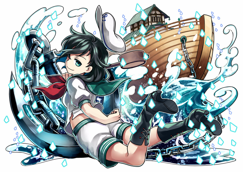 1girl absurdres anchor black_hair boat boots chains cross-laced_footwear danmaku full_body green_eyes hat highres lace-up_boots ladle looking_at_viewer looking_back murasa_minamitsu palanquin_ship puffy_sleeves sailor_collar sailor_hat shirt short_hair short_sleeves shorts smile socha solo touhou water watercraft white_background