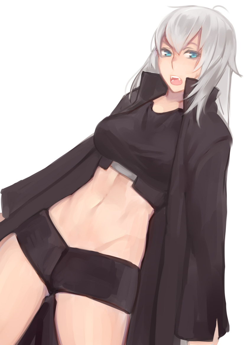1girl bangs blue_eyes breasts celece_hayasaka_(azuriu) commission crop_top fangs hair_between_eyes highres large_breasts long_coat long_hair looking_at_viewer midriff open_mouth original short_shorts shorts simple_background sketch solo sunna_(nilsunna) sunna_(sunna) white_background white_hair
