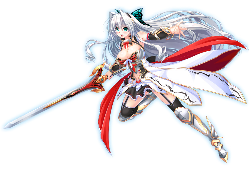 1girl amasaka_takashi aqua_eyes armor bare_shoulders blush breastplate breasts cleavage elbow_gloves full_body gloves hair_ornament highres holding holding_weapon large_breasts long_hair official_art open_mouth pleated_skirt ribbon silver_hair skirt solo sword thigh-highs tiana_havel_netherlands unionism_quartet very_long_hair weapon white_background zettai_ryouiki