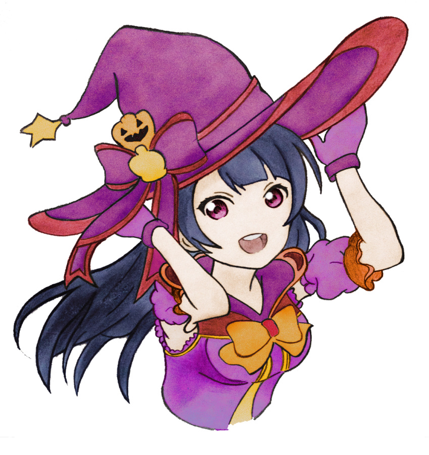 1girl blue_hair breasts halloween_costume hat highres long_hair looking_at_viewer love_live! love_live!_sunshine!! open_mouth reisth solo tsushima_yoshiko violet_eyes witch_hat