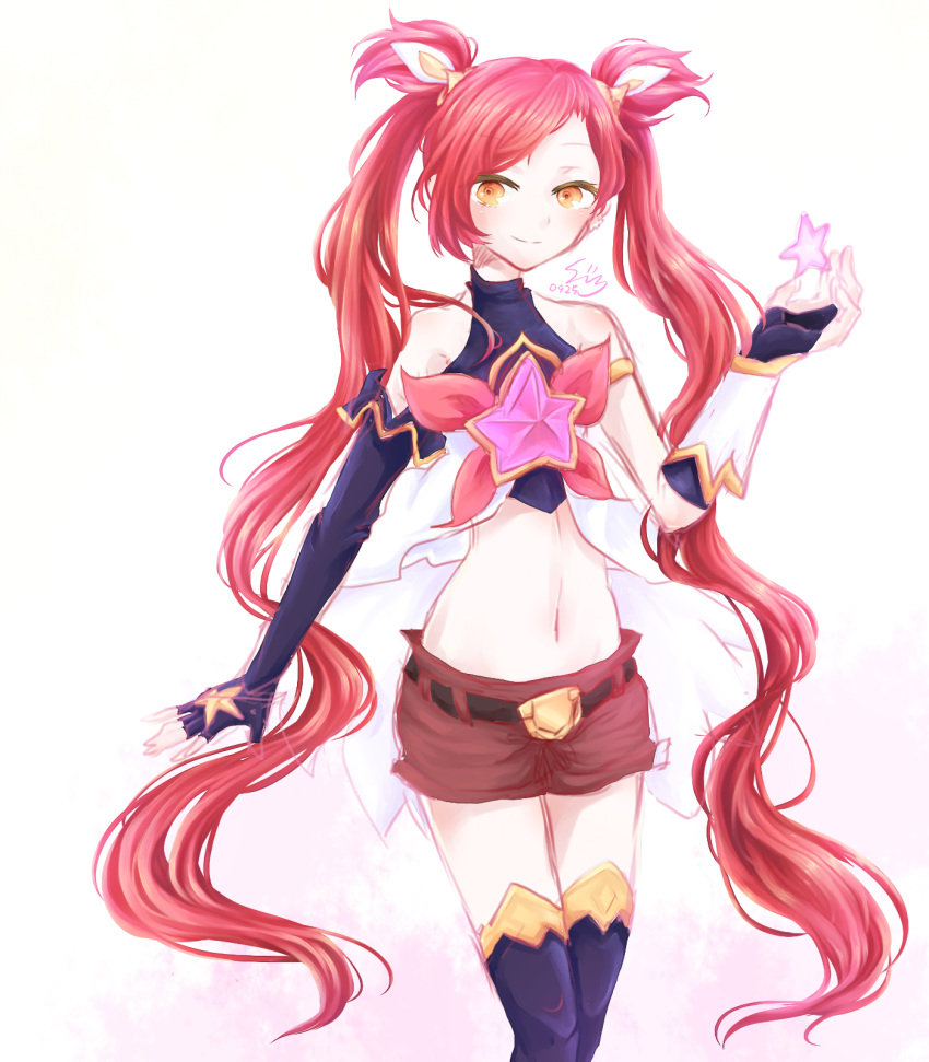 1girl alternate_costume alternate_hair_color jinx_(league_of_legends) league_of_legends magical_girl short_shorts shorts smile solo star_guardian_jinx thigh-highs tied_hair twintails