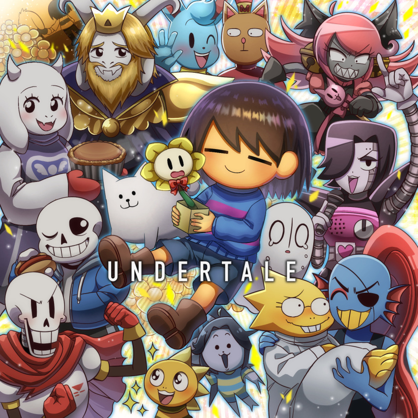 :3 alphys annoying_dog asgore_dreemurr asriel_dreemurr beard bell black_hair blonde_hair blue_hoodie blue_skin blue_sweater blush box brown_hair burgerpants cape chara_(undertale) character_counter_request clenched_hands closed_mouth colored_skin commentary_request copyright_name crown dog everyone eyepatch facial_hair fangs fins flexing flower flowey_(undertale) frisk_(undertale) full_body furry furry_female furry_male ghost gloves goat_boy goat_girl grey_shorts hair_over_one_eye head_fins highres hood hoodie horns hot_dog jingle_bell kusaremix long_sleeves looking_at_viewer mad_mew_mew mettaton mettaton_ex microphone monster_kid_(undertale) multiple_boys multiple_girls multiple_others napstablook nice_cream_guy one_eye_closed open_clothes open_hoodie open_mouth papyrus_(undertale) pink_hair red_cape red_gloves redhead sans_(undertale) sharp_teeth short_hair shorts skeleton skin_fangs smile sparkle sweater teeth temmie toriel undead undertale undyne upper_body