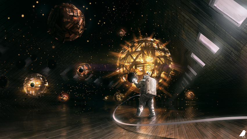 astronaut attic commentary_request floating_object gloves glowing helmet indoors light_particles scenery scp-100-jp scp_foundation shadow signature solo space spacesuit sphere standing standing_on_one_leg white_gloves window wooden_floor you_(shimizu)