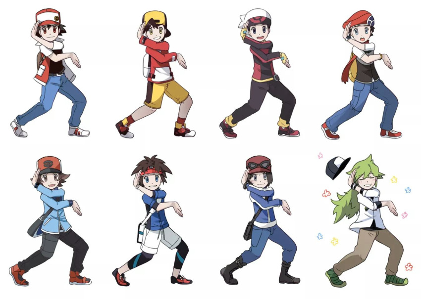 00s 10s 6+boys 90s aiakasa-sakura backwards_hat baseball_cap black_hair blue_eyes brown_eyes brown_hair calme_(pokemon) closed_eyes denim fingerless_gloves glasses gloves gold_(pokemon) gold_(pokemon)_(classic) green_hair grey_eyes hat jacket jeans kouki_(pokemon) kyouhei_(pokemon) leggings male_focus md5_mismatch multiple_boys n_(pokemon) open_clothes open_jacket pants pokemon pokemon_(game) pokemon_bw pokemon_bw2 pokemon_dppt pokemon_gsc pokemon_rgby pokemon_rse pokemon_sm pokemon_xy ponytail pose red_(pokemon) red_(pokemon)_(classic) red_eyes scarf shoes short_hair shorts sneakers sunglasses sunglasses_on_head touya_(pokemon) visor_cap yellow_eyes yellow_gloves yuuki_(pokemon) z-move