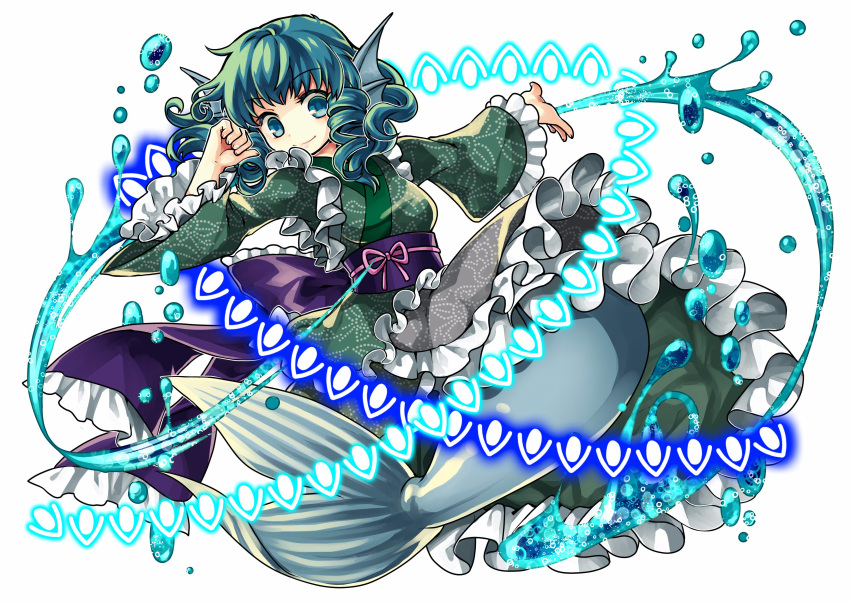 1girl absurdres blue_eyes blue_hair bubble danmaku drill_hair frills head_fins highres japanese_clothes kimono long_sleeves mermaid monster_girl obi outstretched_arm ribbon sash short_hair simple_background smile socha solo touhou wakasagihime water white_background wide_sleeves