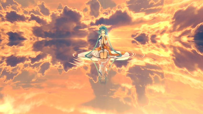 1girl bent_knees blue_hair closed_eyes clouds dress female hatsune_miku highres kneeling koto_mutsu long_hair praying reflection sad scenery sitting sky solo sun sunrise sunset tied_hair twintails vocaloid white_dress white_outfit