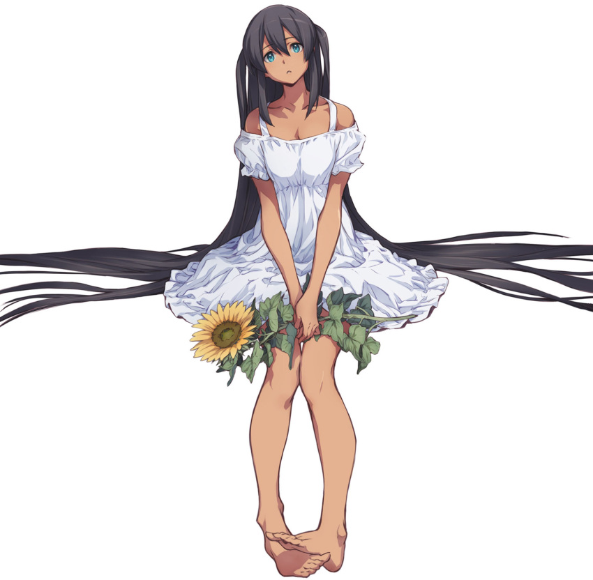 1girl aqua_eyes bare_shoulders barefoot black_hair blue_eyes breasts captain_earth dark_skin dress feet feet_together long_dress long_hair looking_at_viewer mutou_hana parted_lips simple_background sitting solo sunflower toes very_long_hair white_background white_dress