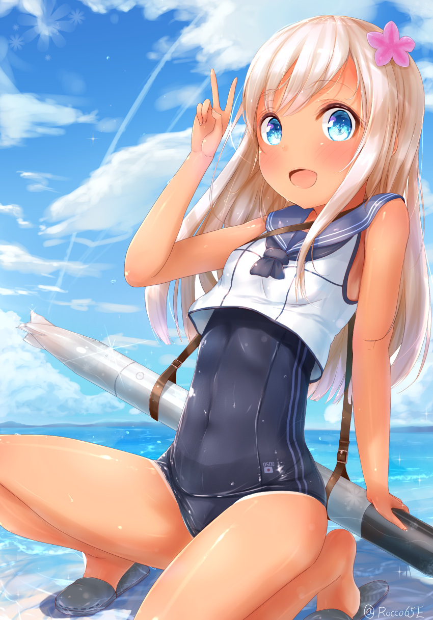 1girl :d absurdres blonde_hair blue_eyes covered_navel crop_top flower hair_flower hair_ornament highres kantai_collection kashiwamochi_roko lifebuoy long_hair old_school_swimsuit one-piece_tan open_mouth ro-500_(kantai_collection) sailor_collar school_swimsuit slippers smile solo squatting swimsuit swimsuit_under_clothes tan tanline torpedo twitter_username v
