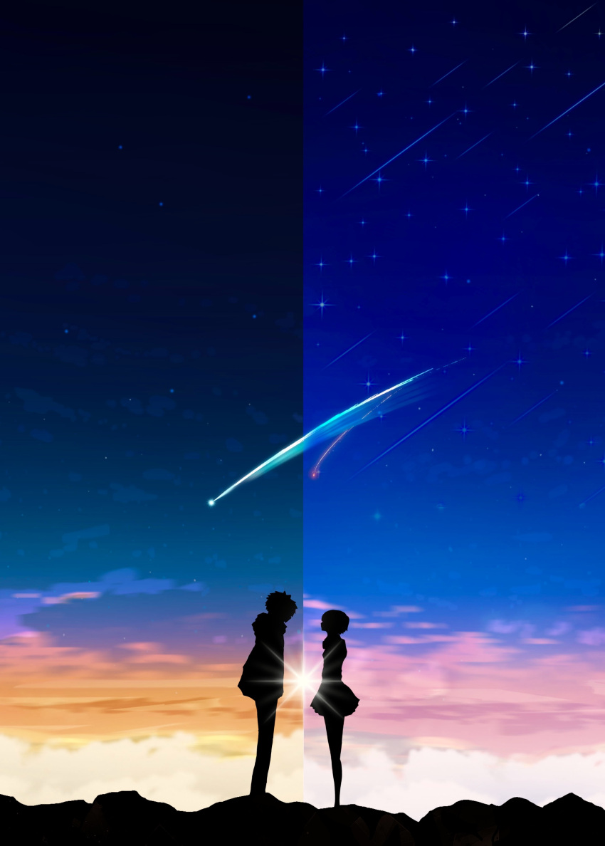 1boy 1girl copyright_request from_side harada_miyuki looking_at_another night outdoors standing stars