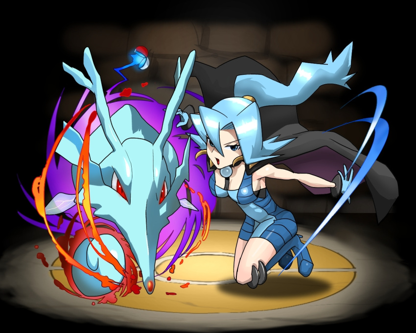 1girl black_background blue_eyes blue_hair boots breasts cape cosmo_(465lilia) cosmo_(pixiv12140406) gym_leader hair_ornament high_heels high_ponytail ibuki_(pokemon) kingdra large_breasts long_hair open_mouth poke_ball pokemon pokemon_(creature) pokemon_(game) pokemon_gsc pokemon_hgss ponytail puzzle_&amp;_dragons sideboob