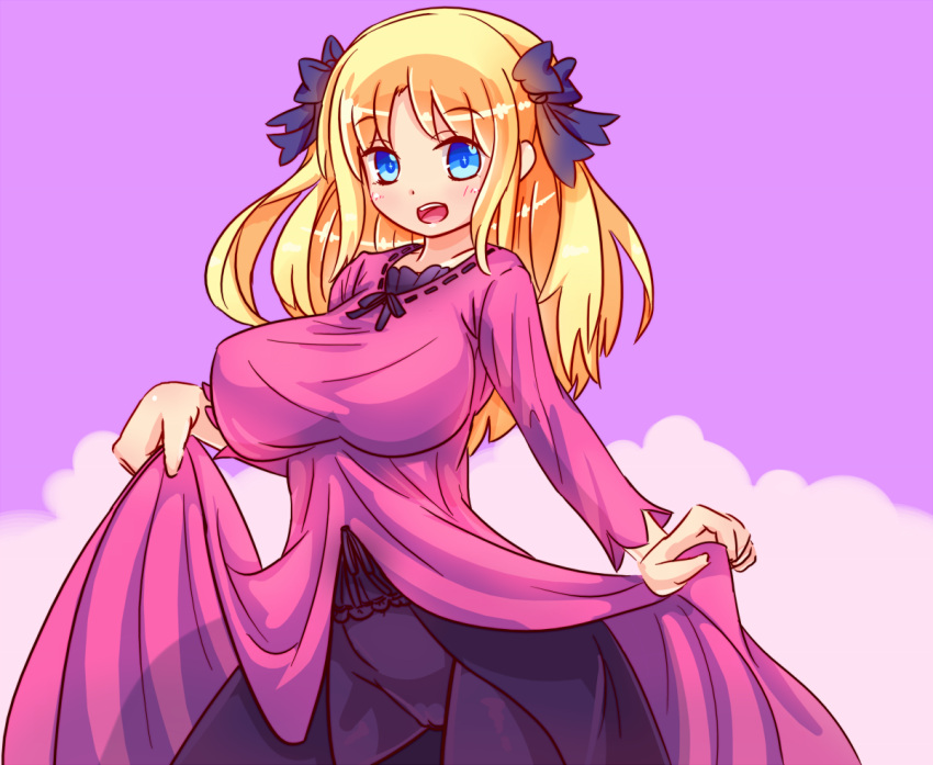 1girl black_legwear blonde_hair blue_eyes blush breasts dress dress_lift large_breasts long_dress long_hair looking_at_viewer open_mouth pantyhose pink_dress purple_background solo