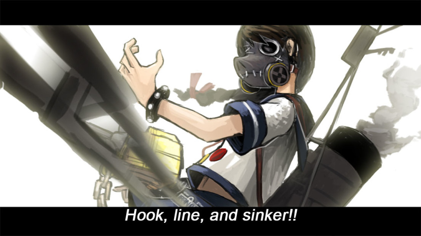 1girl badge bracelet braid brown_hair cannon chains cosplay ergot gas_mask jewelry kantai_collection letterboxed license_plate mask motion_blur overwatch red_ribbon ribbon roadhog_(overwatch) roadhog_(overwatch)_(cosplay) school_uniform serafuku simple_background single_braid smoke solo subtitled uranami_(kantai_collection) white_background