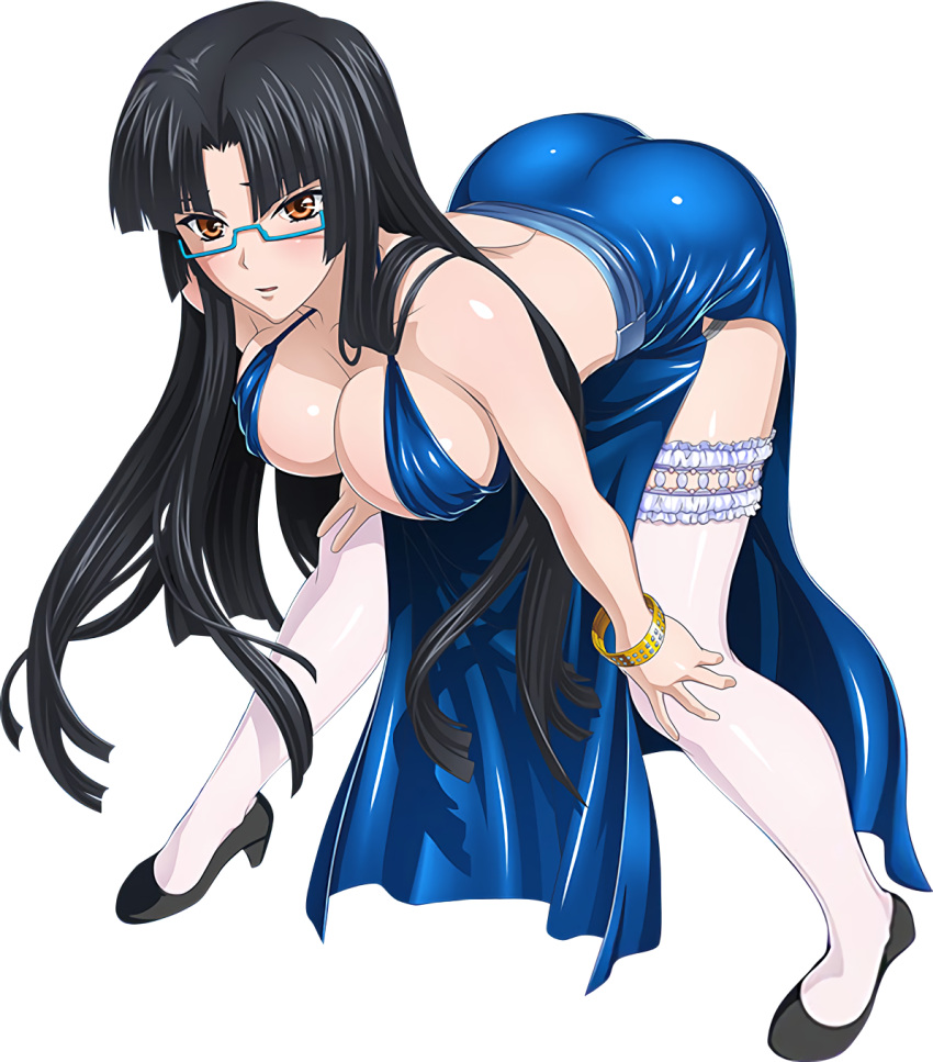 1girl ass black_hair blue_dress breasts cleavage glasses high_school_dxd large_breasts long_hair shinra_tsubaki solo standing