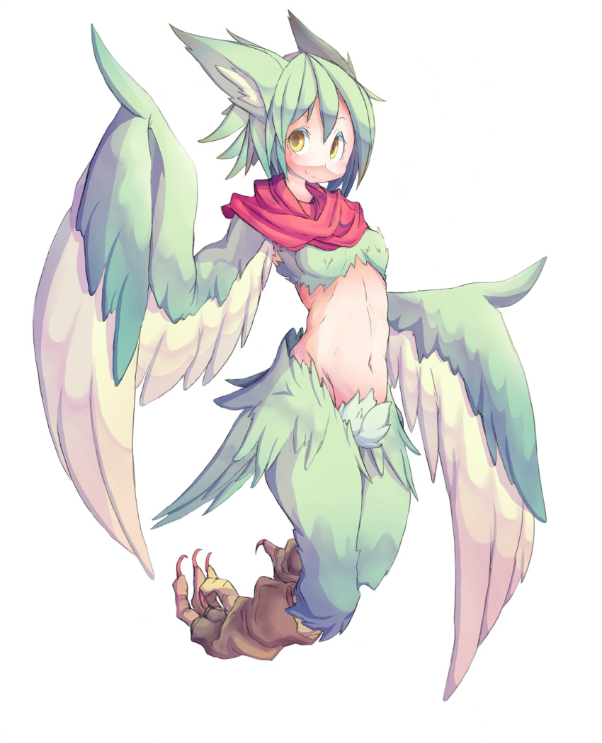 1girl 4139 feathers female full_body harpy midriff monster_girl navel original scarf simple_background solo white_background wings yellow_eyes