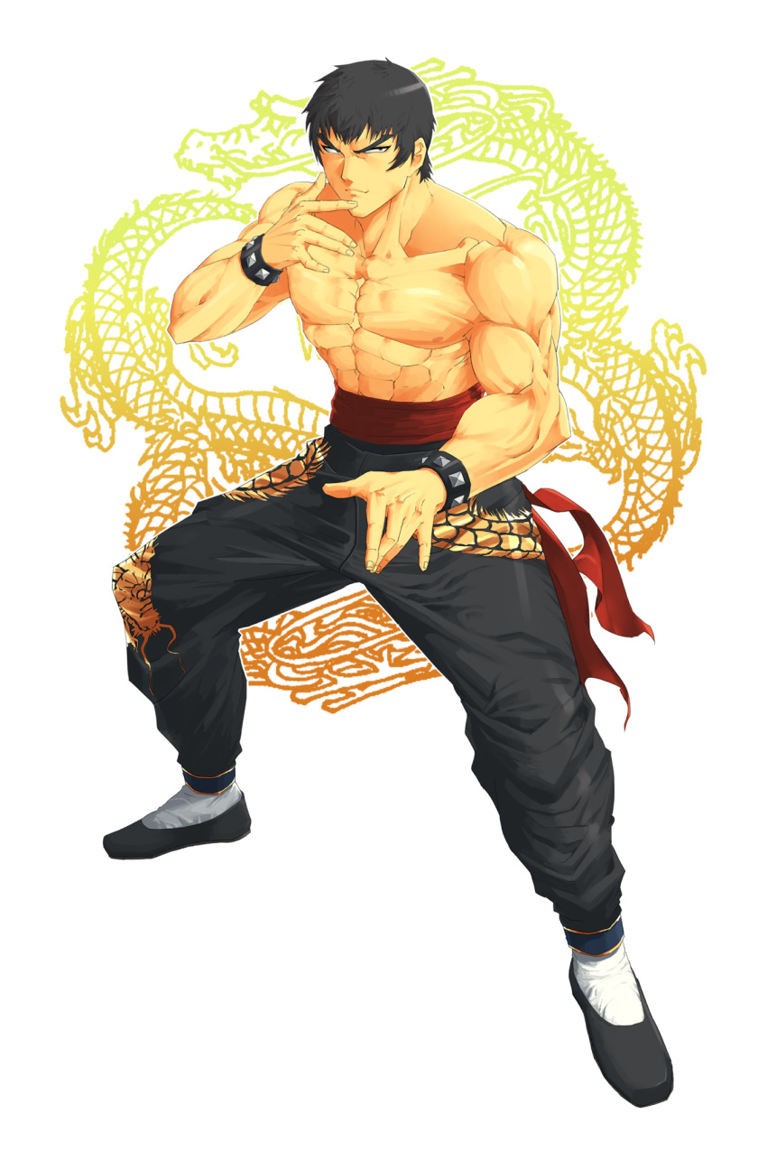 1boy abs biceps black_eyes black_hair bracelet dragon dragon_print eastern_dragon fighting_stance fingernails flats highres houjohh jewelry light_frown looking_at_viewer male_focus manly marshall_law muscle pants sash short_hair simple_background solo spiked_bracelet spikes squinting tekken topless tsurime white_background
