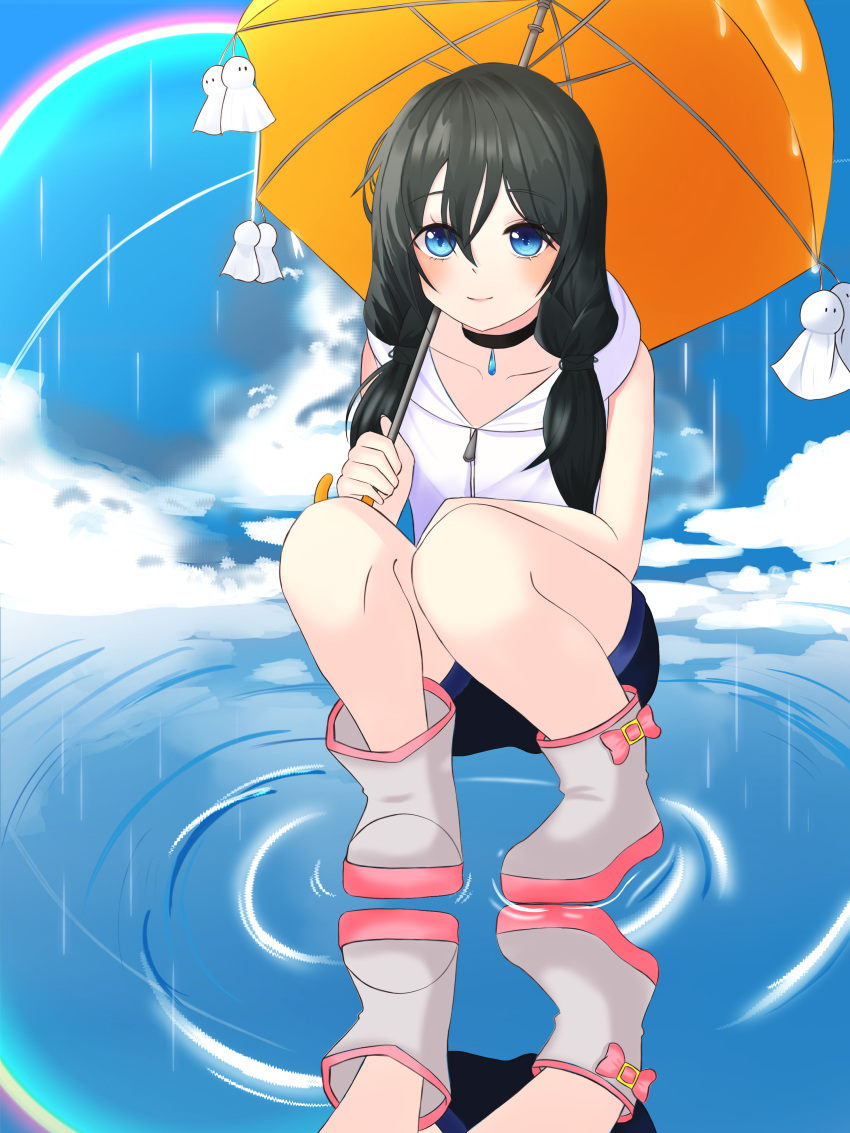 1girl absurdres amano_hina_(tenki_no_ko) black_hair blue_eyes boots highres long_hair parasol puddle rubber_boots tenki_no_ko teruterubouzu umbrella user_dsce2778