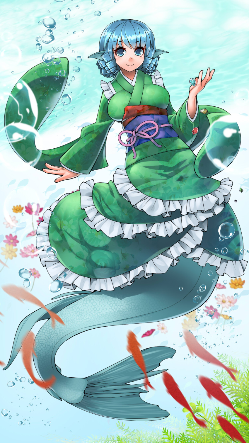 1girl blue_eyes blue_hair breasts bubble drill_hair fish fish_tail frills full_body goldfish head_fins highres japanese_clothes kimono large_breasts mermaid monster_girl solo touhou umigarasu_(kitsune1963) underwater wakasagihime wide_sleeves