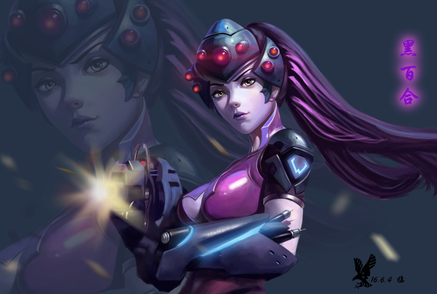 1girl 2016 absurdres armor black_gloves bodysuit breasts center_opening closed_mouth dated earrings expressionless eyelashes female firing gauntlets gloves gun head_mounted_display highres holding holding_gun holding_weapon horror_cat jewelry large_breasts lips lipstick long_hair looking_at_viewer makeup overwatch pauldrons ponytail purple_hair purple_lips purple_lipstick purple_skin rifle shiny shiny_clothes shoulder_pads skin_tight sniper_rifle solo stud_earrings turtleneck upper_body visor weapon widowmaker_(overwatch) yellow_eyes