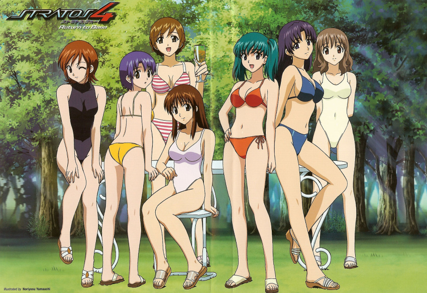 00s 6+girls ass bare_legs barefoot bikini breasts cleavage covered_navel doi_shizuha everyone feet female grass highres honjo_mikaze kikuhara_karin kisaragi_sayaka long_hair looking_at_viewer looking_back mikuriya_ran mukai_touko multiple_girls nakamura_ayamo navel one-piece_swimsuit one_eye_closed scan short_hair sitting smile standing stratos_4 swimsuit twintails wink yamauchi_noriyasu