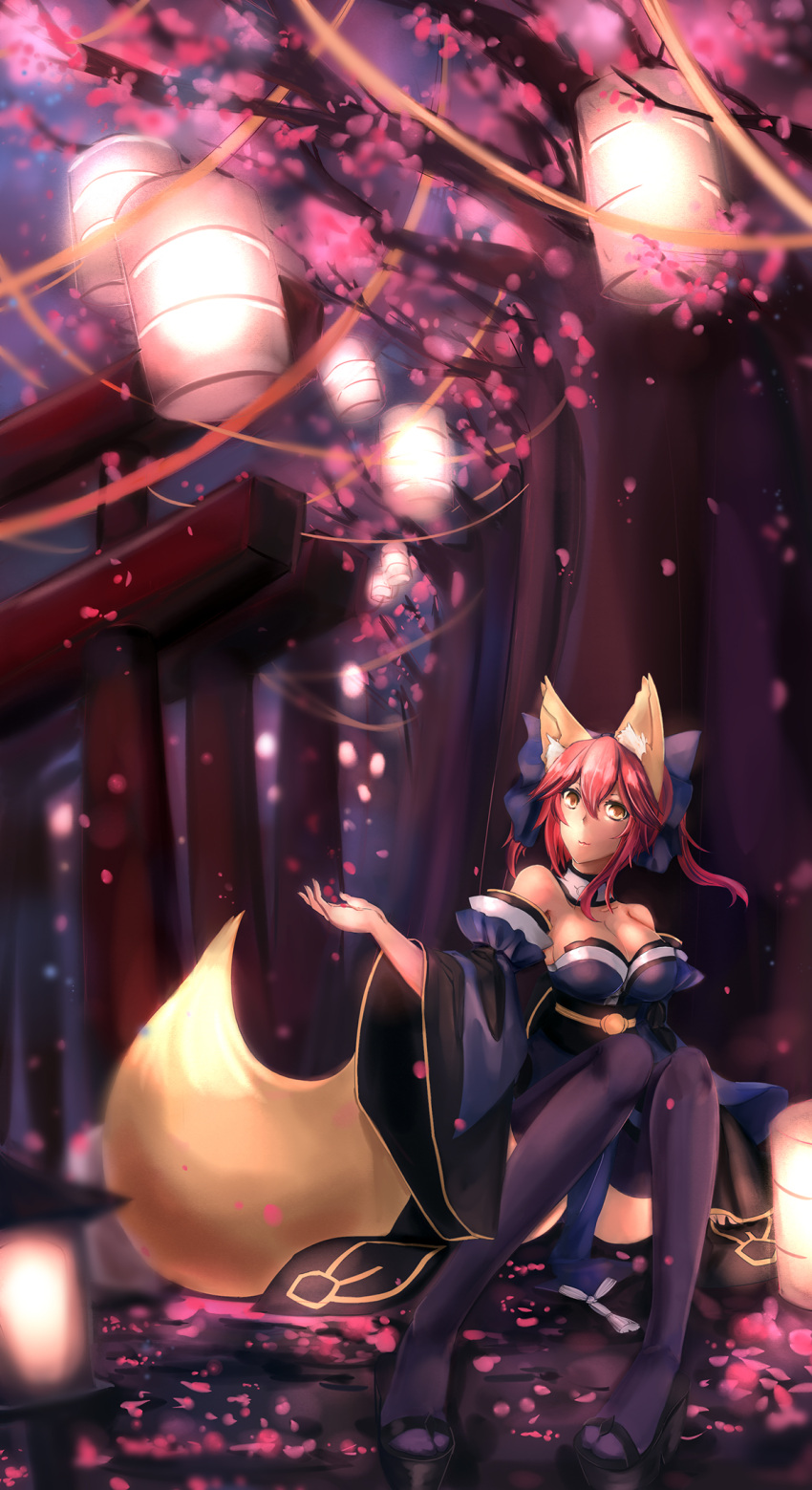 1girl :3 aikawa_juujutsu_machi animal_ears blue_legwear bow breasts cleavage detached_sleeves fate/extra fate/grand_order fate_(series) fox_ears fox_tail hair_bow hair_ribbon highres japanese_clothes large_breasts pink_hair ribbon sitting solo tail tamamo_(fate)_(all) tamamo_no_mae_(fate) type-moon yellow_eyes