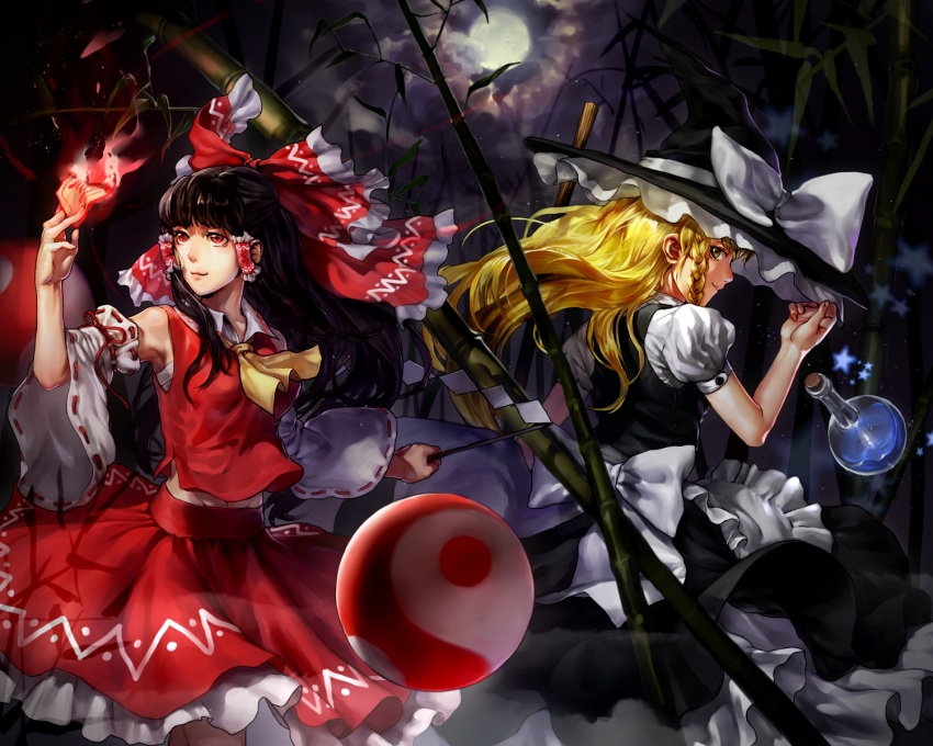 2girls apron ascot bamboo bamboo_forest black_hair blonde_hair braid broom carrot_(carrotsgame) detached_sleeves forest full_moon gohei hair_ribbon hair_tubes hakurei_reimu hat highres japanese_clothes kirisame_marisa long_hair long_sleeves looking_at_viewer looking_away looking_up miko moon multiple_girls nature night night_sky ofuda orb profile puffy_sleeves red_eyes ribbon shirt short_sleeves side_braid single_braid skirt skirt_set sky smile touhou upskirt vest waist_apron wide_sleeves witch_hat yin_yang