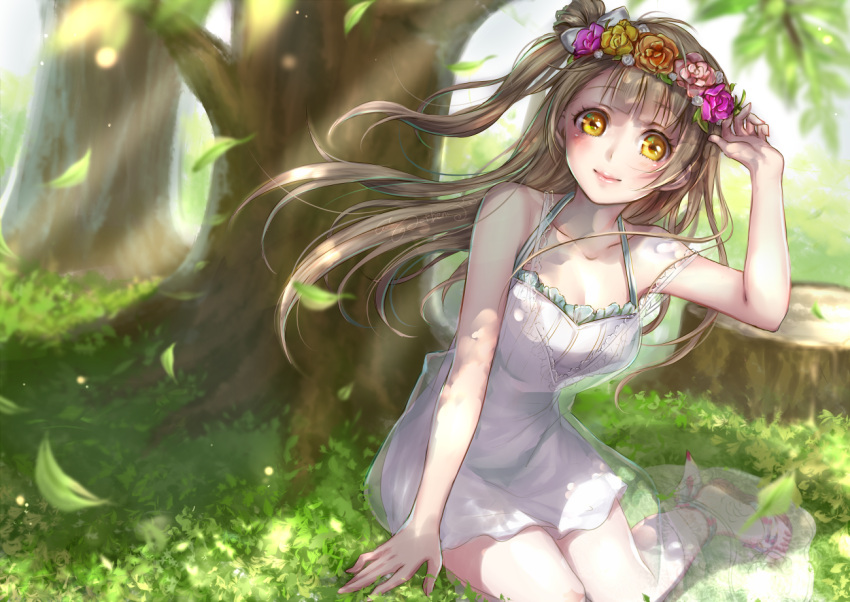 1girl arm_up bare_legs bare_shoulders blurry brown_hair collarbone dappled_sunlight depth_of_field dress flower grass halterneck head_wreath leaf lips lma long_hair looking_at_viewer love_live! love_live!_school_idol_festival love_live!_school_idol_project minami_kotori off_shoulder outdoors rose sandals see-through short_dress side_ponytail sitting sleeveless sleeveless_dress solo sunlight tree tree_shade tree_stump white_dress wind yellow_eyes