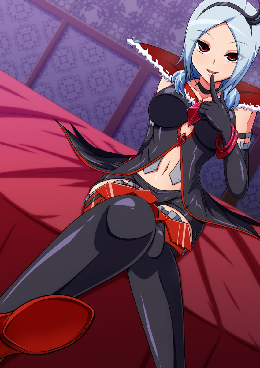 1girl aokura_shou bare_shoulders bed black_legwear blue_hair breasts collarbone eas elbow_gloves feet finger_to_cheek finger_to_mouth fresh_precure! gloves higashi_setsuna highres looking_at_viewer navel precure red_eyes short_hair smile solo zettai_ryouiki