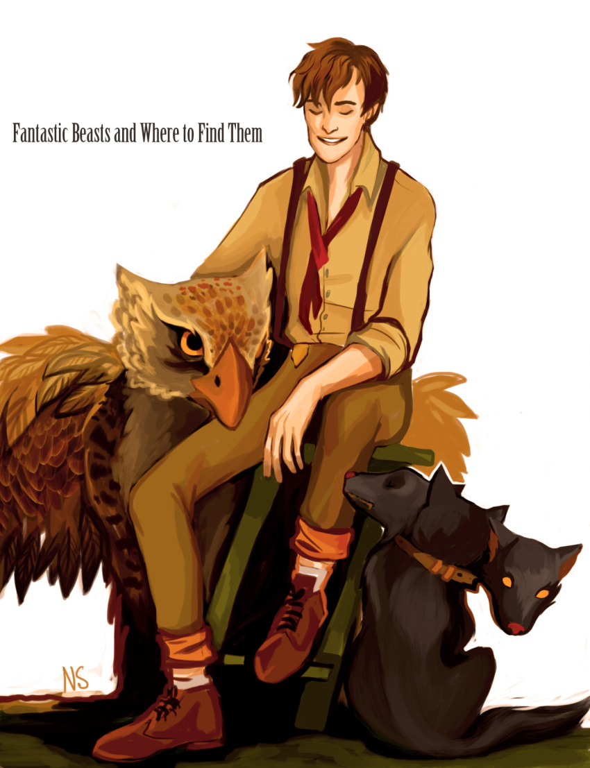 1boy cerberus copyright_name dog fantastic_beasts_and_where_to_find_them griffin harry_potter hippogriff newt_scamander newton_artemis_fido_scamander owl sitting suspenders wizard