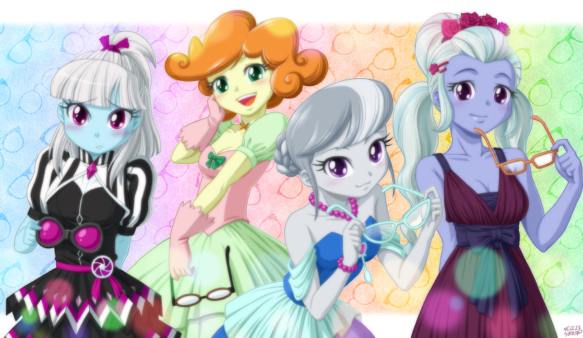 4girls dress glasses multiple_girls my_little_pony my_little_pony_equestria_girls my_little_pony_friendship_is_magic personification photo_finish scribble_dee silver_spoon sugar_coat tagme uotapo