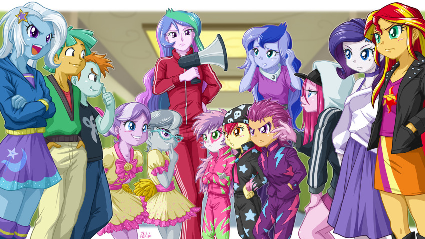 2boys 6+girls apple_bloom celestia_(my_little_pony) diamond_tiara glasses luna_(my_little_pony) megaphone multiple_boys multiple_girls my_little_pony my_little_pony_equestria_girls my_little_pony_friendship_is_magic personification pinkie_pie rarity scootaloo silver_spoon snails_(mlp) snips sunset_shimmer sweetie_belle tagme trixie_lulamoon uotapo