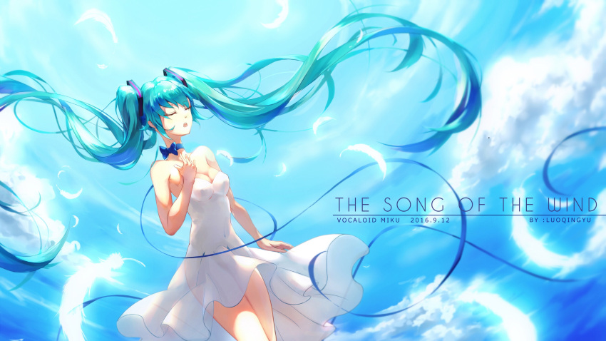 1girl 2016 absurdres artist_name character_name closed_eyes clouds copyright_name dated dress feathers floating_hair green_hair hand_on_own_chest hatsune_miku highres long_hair luo_qingyu open_mouth sky solo strapless strapless_dress twintails very_long_hair vocaloid white_dress