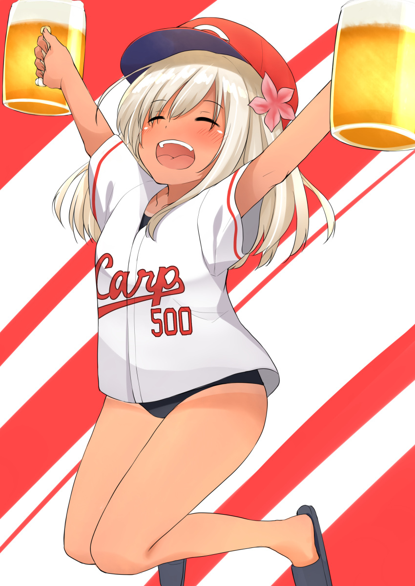 1girl absurdres alcohol arms_up baseball_cap baseball_uniform beer beer_mug blonde_hair blush closed_eyes clothes_writing commentary_request flower go-1 hair_flower hair_ornament hat highres hiroshima_touyou_carp kantai_collection long_hair nippon_professional_baseball one-piece_tan open_mouth ro-500_(kantai_collection) school_swimsuit smile solo sportswear swimsuit swimsuit_under_clothes tan tanline