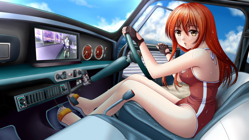 1girl bare_shoulders breasts brown_eyes car clouds female fingerless gloves highres ilolamai long_hair looking_at_viewer motor_vehicle original parted_lips redhead sideboob sitting sky solo swimsuit vehicle wet