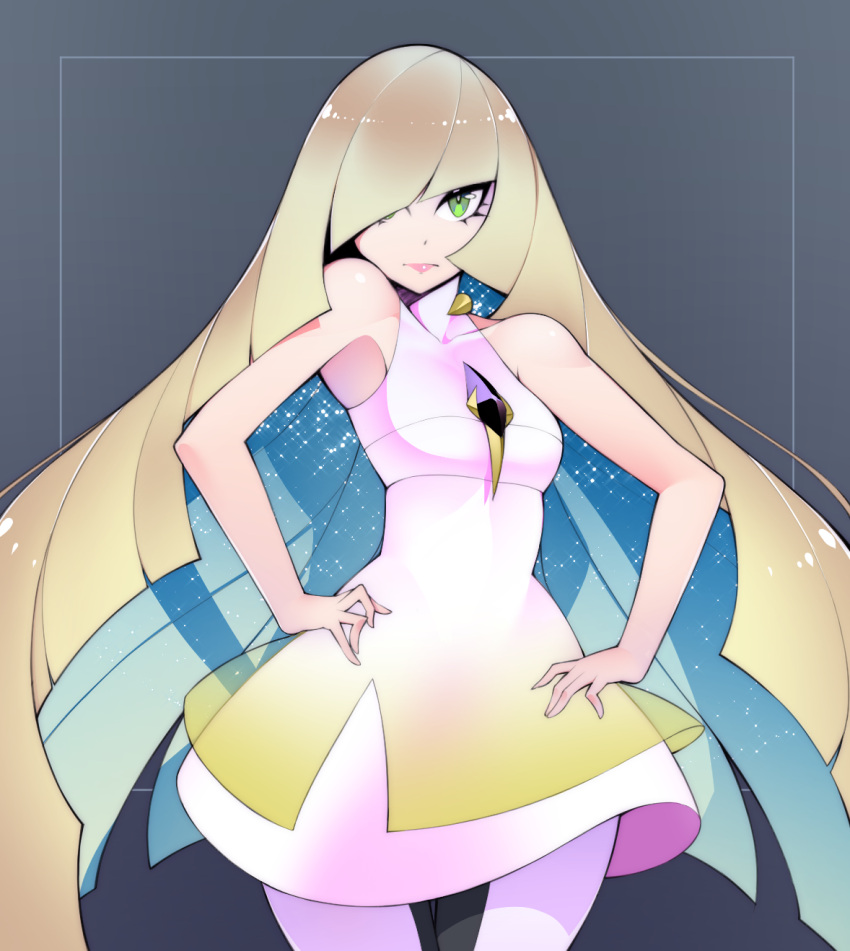 10s 1girl blonde_hair green_eyes hair_over_one_eye halphelt hands_on_hips highres looking_at_viewer lusamine_(pokemon) pokemon pokemon_(game) pokemon_sm solo