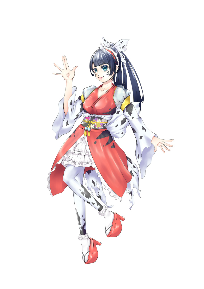 1girl absurdres black_hair blue_eyes bow dress facial_mark full_body hair_bow high_heels highres horn personification pokemon red_dress red_shoes seaking shoes simple_background solo white_background white_legwear wide_sleeves xxxlayxxx