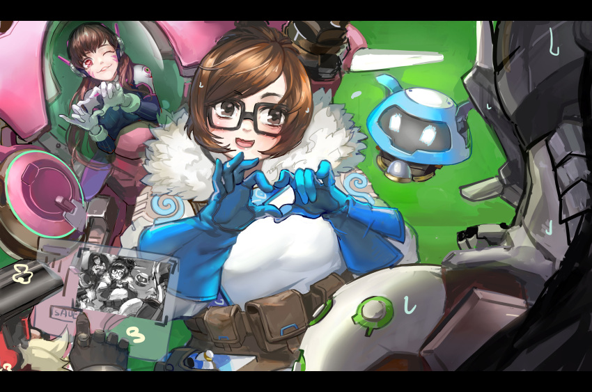 2boys 2girls armor beard black-framed_eyewear blush bodysuit brown_eyes brown_hair coat cyborg d.va_(overwatch) facepaint facial_mark fur_trim genji_(overwatch) glasses gloves headphones heart heart-shaped_pupils heart_hands helmet long_hair mei_(overwatch) meka_(overwatch) multiple_boys multiple_girls open_mouth overwatch pilot_suit pink_eyes pink_lips power_armor ribbed_bodysuit short_hair sweat symbol-shaped_pupils torbjorn_(overwatch) whisker_markings