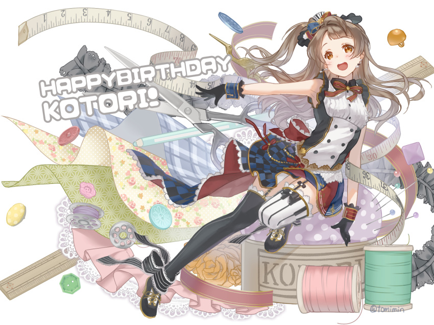 1girl :d ankle_ribbon asymmetrical_legwear bangs black_gloves black_legwear bow bowtie brown_eyes brown_hair buttons cafe_maid character_name double-breasted dress earrings fabric flower frills gloves grey_hair hair_bow happy_birthday highres jewelry lace-trimmed_legwear long_hair love_live! love_live!_school_idol_festival love_live!_school_idol_project minami_kotori one_leg_raised one_side_up open_mouth pencil pincushion ribbon ruler scissors smile solo striped striped_legwear tape_measure thigh-highs thread tomiwo vertical-striped_legwear vertical_stripes wrist_cuffs