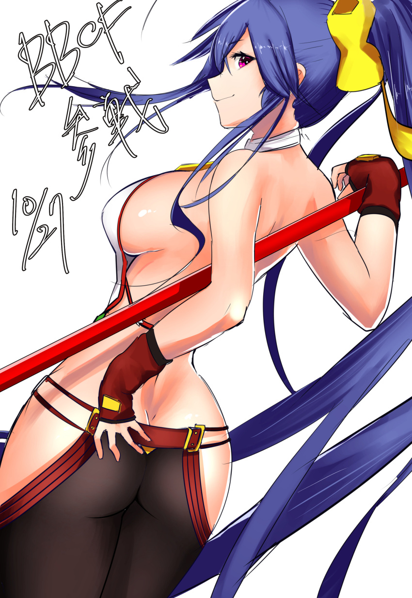 &gt;:) 1girl absurdres antenna_hair ass backless_outfit bangs bare_shoulders behind_back black_pants blazblue blazblue:_central_fiction blazblue_variable_heart blue_hair bow breasts butt_crack cowboy_shot dutch_angle fingerless_gloves from_behind genderswap genderswap_(mtf) gloves hair_between_eyes hair_bow halter_top halterneck highres hip_vent holding holding_weapon large_breasts long_hair looking_at_viewer lowleg lowleg_pants mai_natsume no_bra no_panties pants pink_eyes pino_(hetare1023) polearm ponytail revealing_clothes ribbon sideboob sidelocks smile solo spear standing thighs very_long_hair violet_eyes weapon yellow_bow