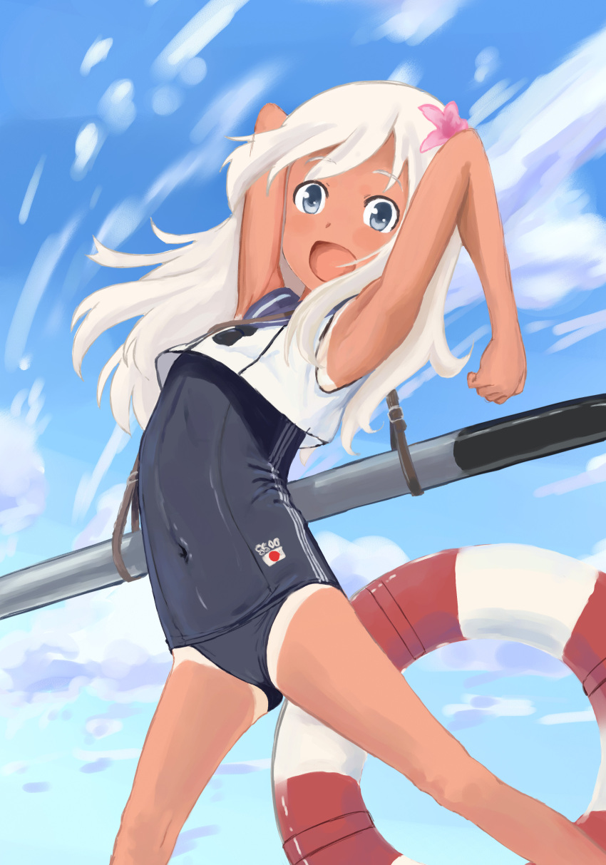 armpit blush child clouds day eyebrows flower hair_ornament kantai_collection long_hair looking_at_viewer m-thet one-piece_swimsuit open_mouth outdoors ro-500_(kantai_collection) sky solo swimsuit tan