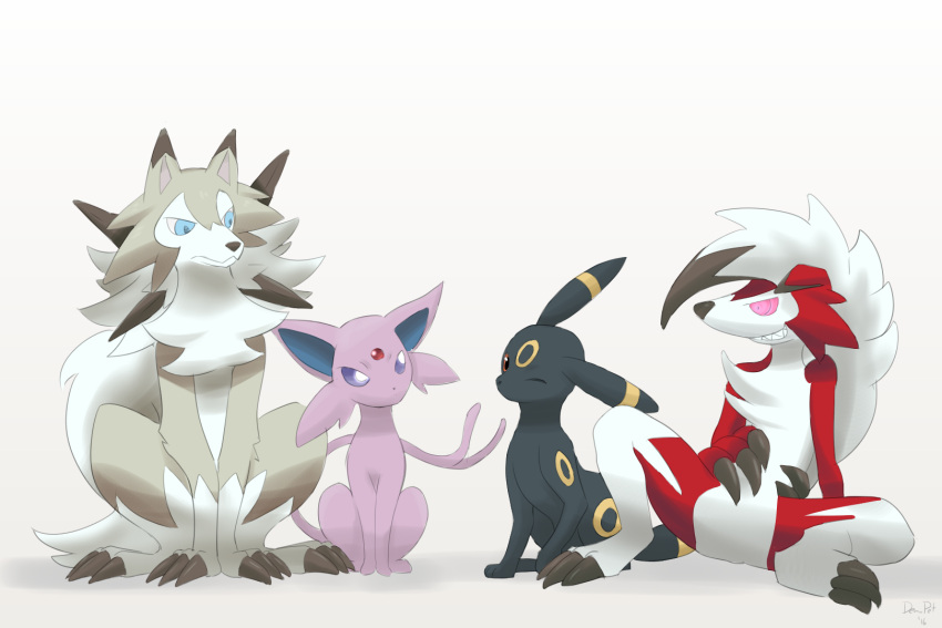 10s blue_eyes chibima espeon eye_contact highres looking_at_another lugarugan lycanroc no_humans one_eye_closed pokemon pokemon_(game) pokemon_sm trait_connection umbreon violet_eyes