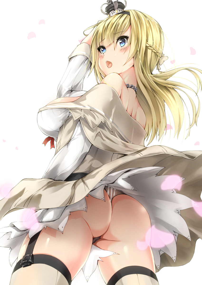 1girl ass bangs bare_shoulders blonde_hair blue_eyes blush braid breasts crown dress french_braid from_below garter_straps grey_panties hair_between_eyes hairband highres jewelry kantai_collection kuon_(break_through) large_breasts long_hair long_sleeves looking_back mini_crown necklace off_shoulder open_mouth panties simple_background solo thigh-highs thong underwear warspite_(kantai_collection) white_background wind wind_lift
