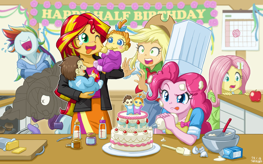 1boy 6+girls applejack baby cake cooking fluttershy kitchen laughing multiple_girls my_little_pony my_little_pony_equestria_girls my_little_pony_friendship_is_magic personification pinkie_pie pound_cake pumpkin_cake rainbow_dash rarity saliva smoke sunset_shimmer tagme tears uotapo