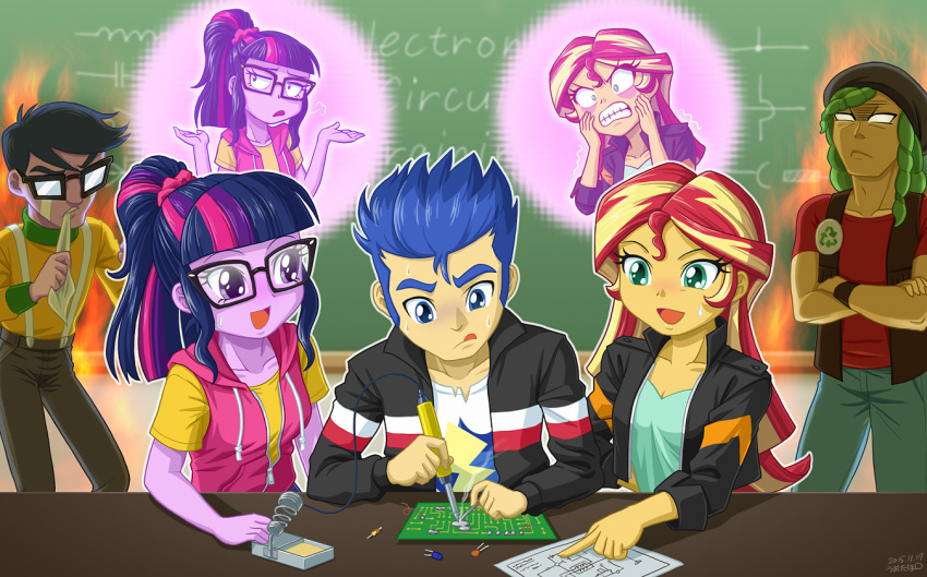 2girls 3boys circuit_board flash_sentry glasses micro_chips multiple_boys multiple_girls my_little_pony my_little_pony_equestria_girls my_little_pony_friendship_is_magic personification sandalwood soldering_iron sunset_shimmer sweat tagme tears twilight_sparkle uotapo