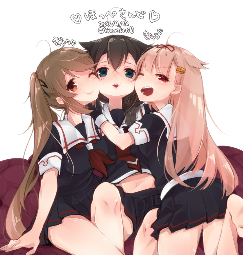 3girls :i ;) ;o ahoge barefoot black_gloves black_hair black_ribbon black_serafuku black_skirt blonde_hair blue_eyes blush braid breasts brown_eyes brown_hair cheek-to-cheek cointreau dated gloves hair_flaps hair_ornament hair_over_shoulder hair_ribbon hairclip highres hug kantai_collection long_hair looking_back medium_breasts multiple_girls murasame_(kantai_collection) navel neckerchief no_scarf one_eye_closed open_mouth pleated_skirt red_eyes remodel_(kantai_collection) ribbon school_uniform serafuku shigure_(kantai_collection) short_sleeves simple_background single_braid sitting skirt smile straight_hair text translation_request twintails twitter_username white_background yuudachi_(kantai_collection)