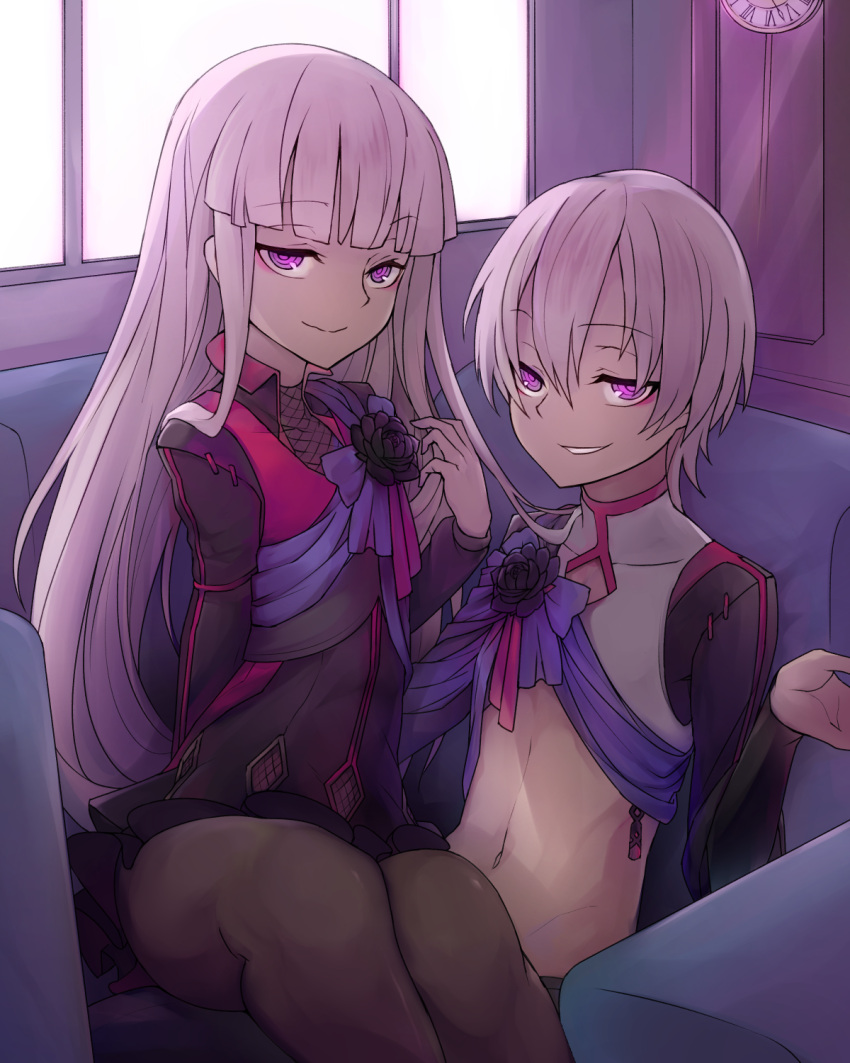 1boy 1girl ash_(closers) brother_and_sister closers couch dust_(closers) flower highres indoors looking_at_viewer navel nishino_(waero) pantyhose siblings sitting sitting_on_lap sitting_on_person smile violet_eyes white_hair