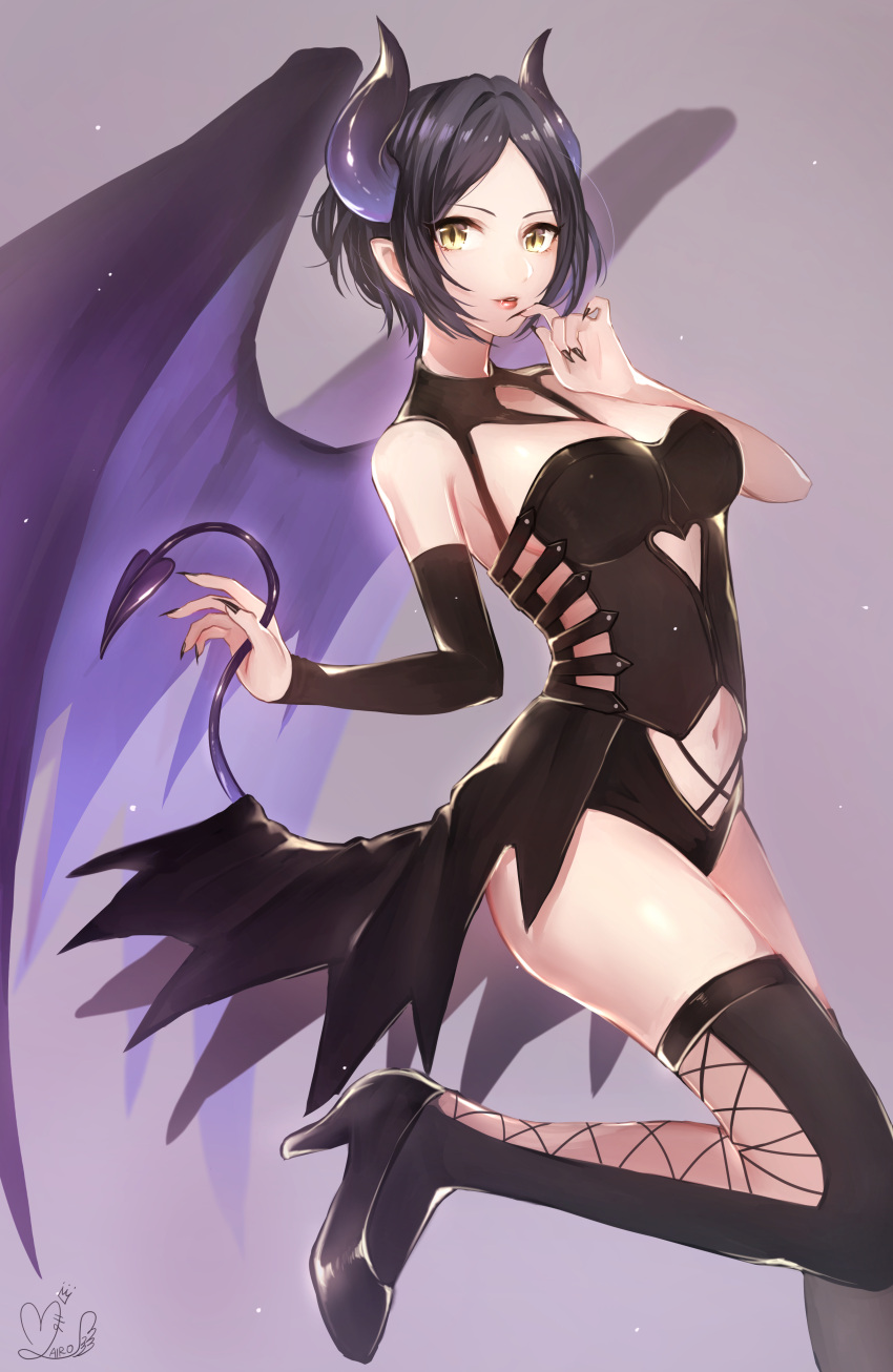 1girl absurdres arm_warmers artist_name bare_shoulders black_hair black_legwear black_leotard black_nails black_shoes breasts demon_girl demon_horns demon_tail demon_wings fingernails from_side hayami_kanade heart_cutout high_heels highres horns idolmaster idolmaster_cinderella_girls ilo leg_up long_fingernails looking_at_viewer medium_breasts nail_polish navel navel_cutout parted_lips purple_background red_lips shoes short_hair signature simple_background slit_pupils smile solo standing standing_on_one_leg stomach tail thigh-highs wings yellow_eyes