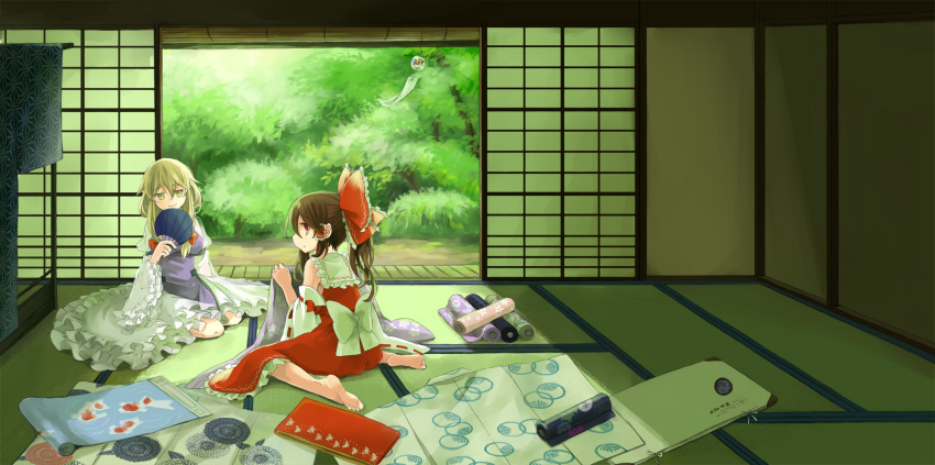 2girls barefoot blonde_hair brown_hair detached_sleeves dress fabric fan frilled_dress frills hair_ribbon hair_tubes hakurei_reimu highres indoors japanese_clothes long_hair long_sleeves looking_at_viewer looking_back miko multiple_girls no_hat no_headwear on_floor paper_fan ponytail profile puffy_sleeves ribbon seiza sitting smile tabard tatami touhou wariza white_dress wide_sleeves wind_chime yakumo_yukari yanazuki yellow_eyes