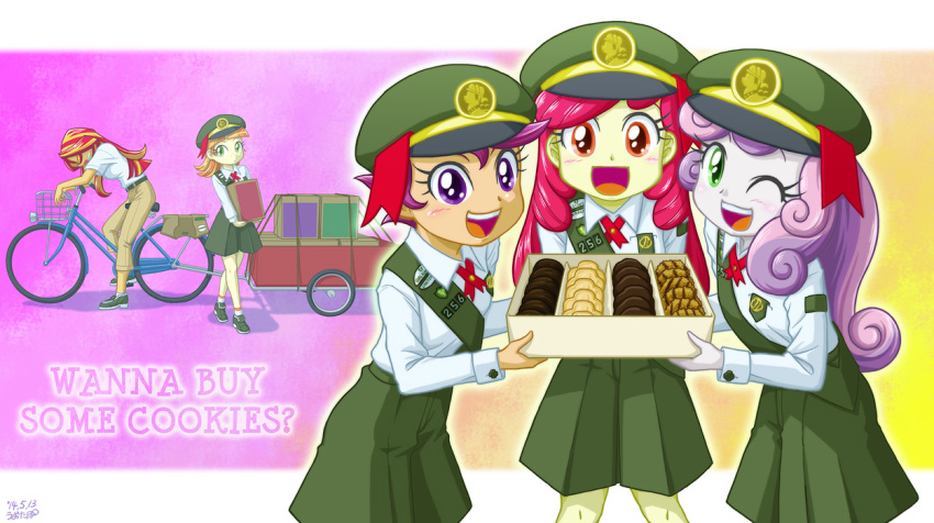 5girls apple_bloom bicycle cookie girl_scout multiple_girls my_little_pony my_little_pony_equestria_girls my_little_pony_friendship_is_magic scootaloo sunset_shimmer sweetie_belle tag-a-long tagme uotapo