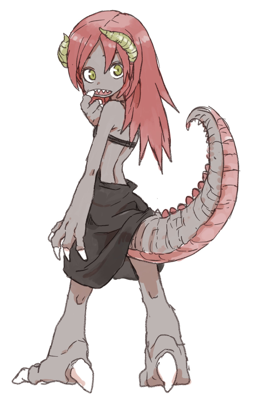 1girl female from_behind green_eyes grey_skin horns monster_girl mouth_pull original sharp_teeth simple_background solo tail teeth white_background yamamoto_souichirou